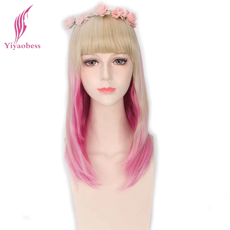 

Yiyaobess Blonde Pink Wig Bang Synthetic Natural Hair Long Straight Color Wigs For White Women Heat Resistant