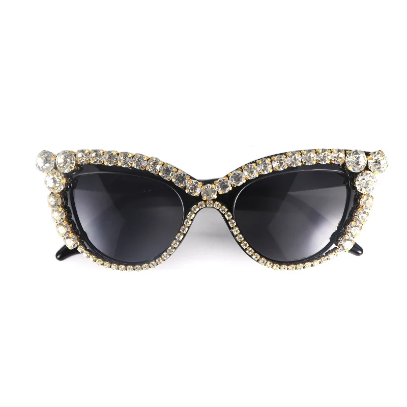 CLASSIC VINTAGE RETRO Cat Eye Style SUNGLASSES Unique Black Frame Bling ...