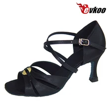 Evkoo/танцевальные женские латинский танец сальсы; обувь из сатина с пряжкой в виде цветка; ; Туфли на каблуке 7 см; Evkoo-256
