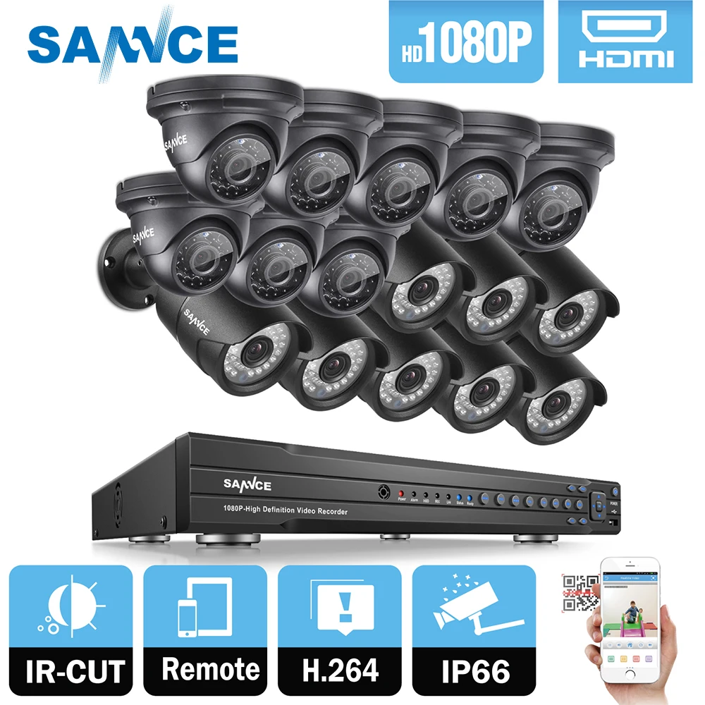 

SANNCE 16CH 2MP 1080P Full HD CCTV System HDMI DVR 8PCS bullet 8PCS Dome Home Video Security Cameras Surveillance System 2TB HDD