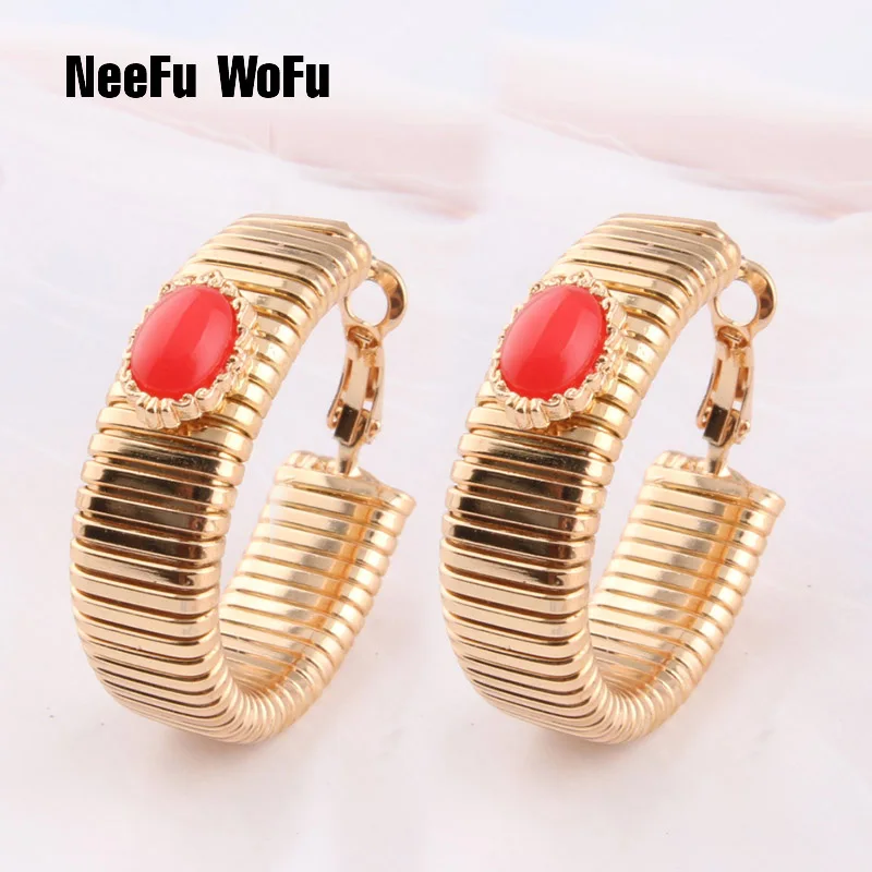 

NeeFu WoFu Hoop Earrings Spring Earring Metal Retro Stone Big Earring For Woman Large Long Brinco Ear Oorbellen Gift