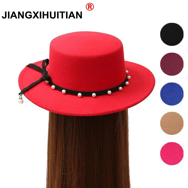 

2017 New Design Fashionable Black Pearl Felt bow Fedora Hats For Woman Ladies free