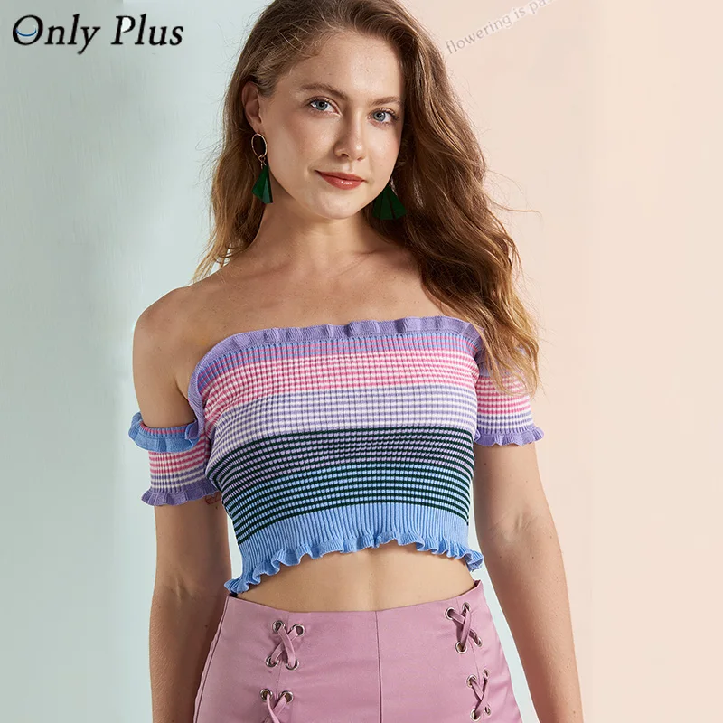 HELIAR Women Rainbow Blouse Shirts Summer Women's Clothing Slash Neck Blouse Lady Sexy Tops Woman Striped Tank Tops 2019 Summer