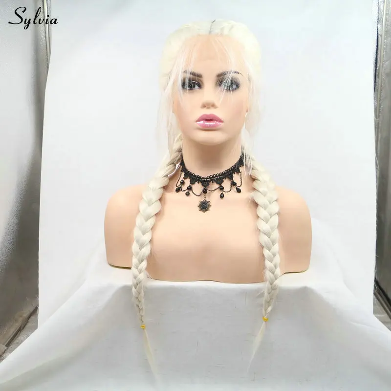 Sylvia длинные Пастель Цвет двойной косы синтетических Синтетические волосы на кружеве парик с волосами младенца для Для женщин 60 # блондинка