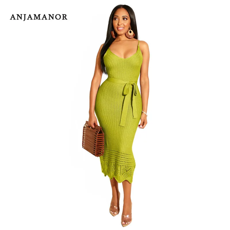 

ANJAMANOR Knitted Crochet Sweater Dress 2019 Autumn Winter Dresses Candy Solid Color Sexy Long Bodycon Dress D48-AD76