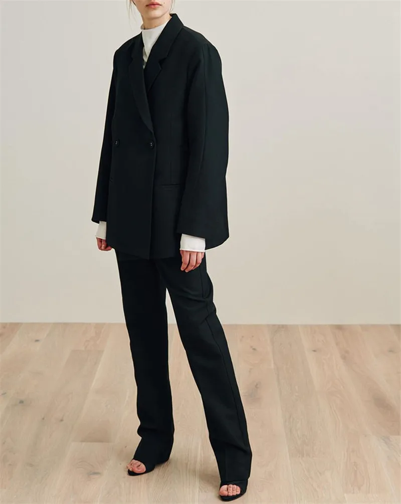 Осенний двубортный шерстяной свободный Блейзер костюм офисный женский деловой комплект со штанами