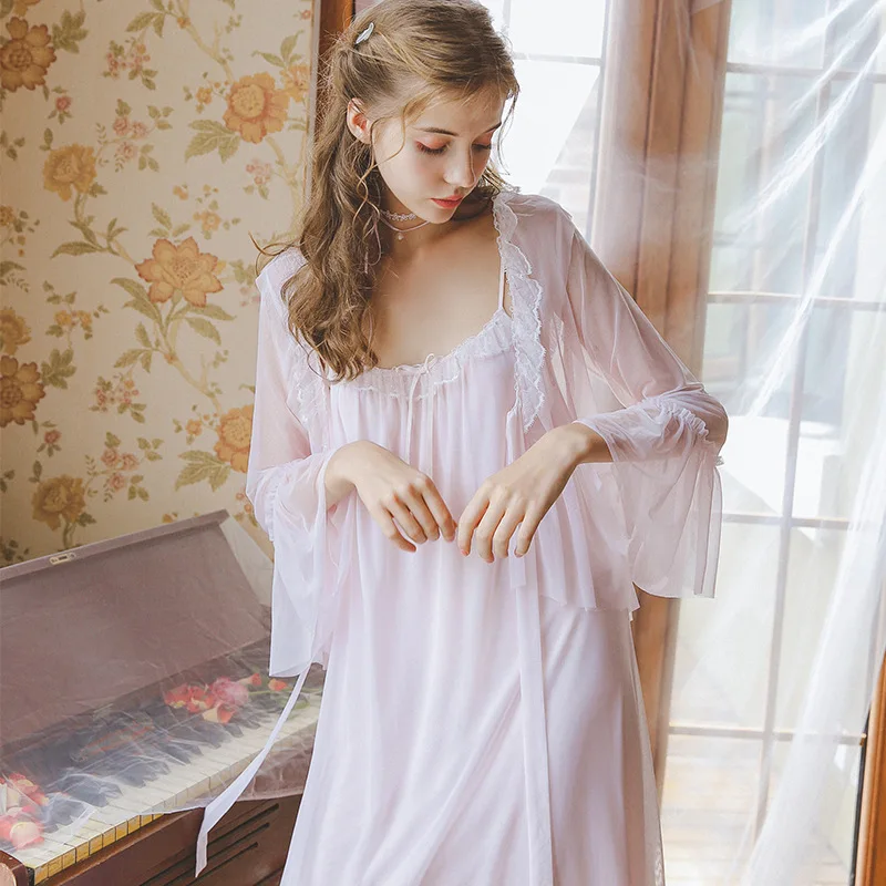 

Sexy Robe Set Two Pieces Spaghetti Strap Lotus Skirt Cotton Sleepwear Lace Bathrobe Set Nightgown Long Negligee Lantern Sleeves