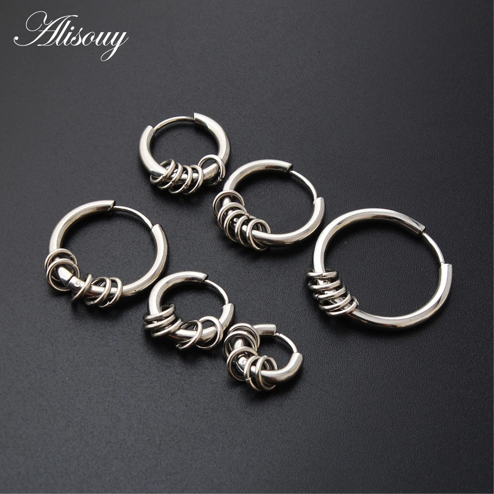 

Alisouy Punk Hiphop Stainless Steel Hoop Earrings Huggie Simple Style Five Circle Fashion Earrings Women Men Jewelry