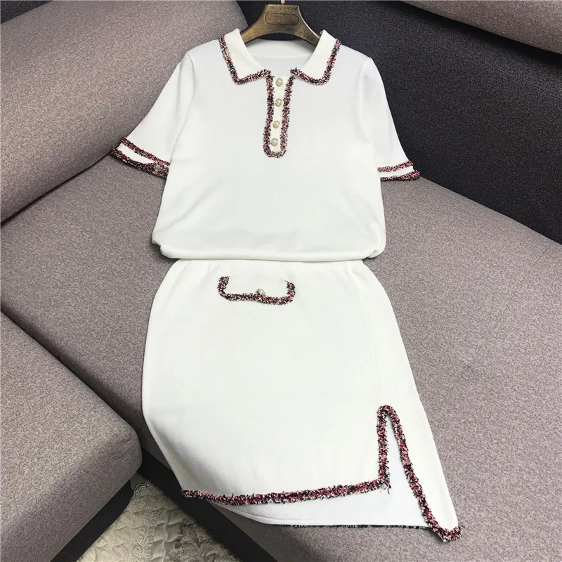 

Luxury Designer Brand Women's Knitted Sets for Women Tweed Stitching Knitted Top Irregular Knitted Skirt 2PCS Set Black White