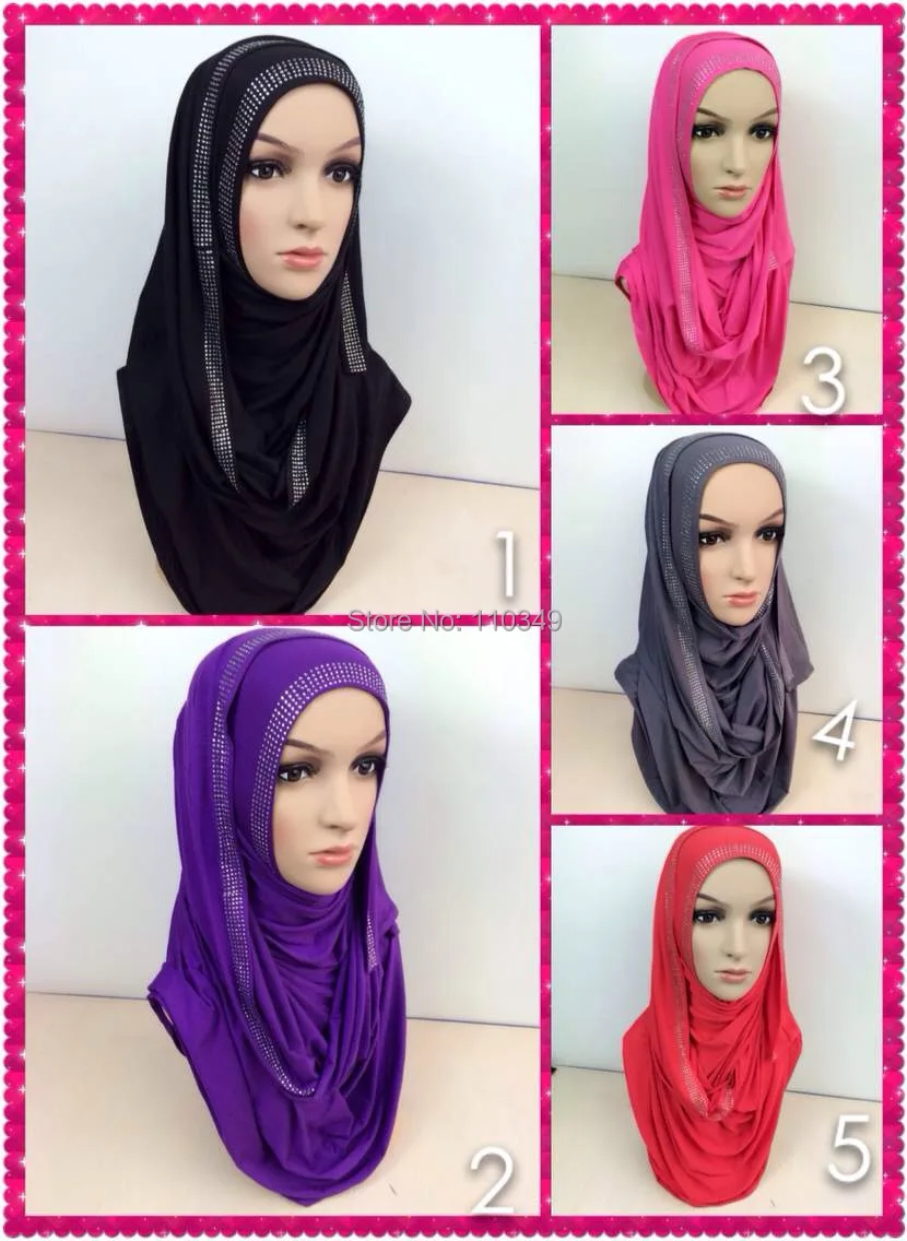 

HW080 (12 pieces/lot) mix colors 2016 jersey cotton muslim long scarf islamic hijab women shawls with rhinestones