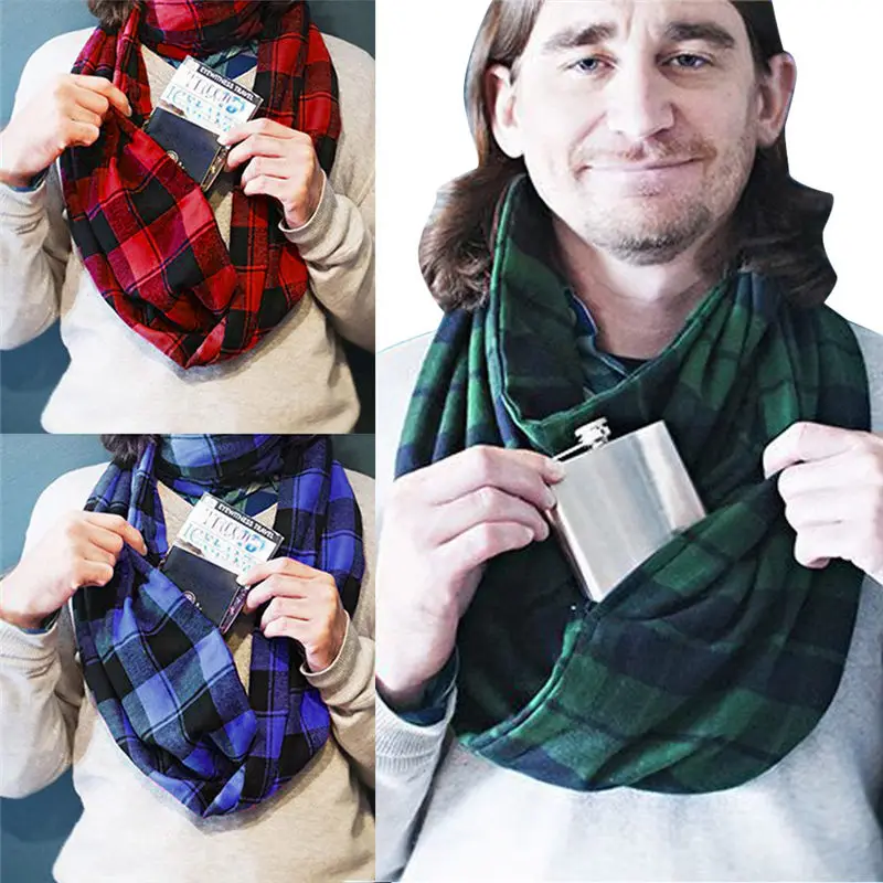  Women Man Plaid Print Convertible Infinity Scarf Loop Zipper Pocket women's scarves handkerchief hi