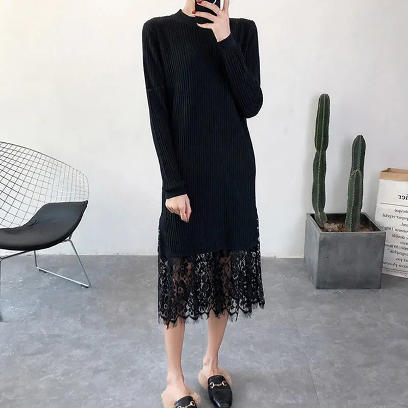 

Autumn Winter Lace Patchwork Women Knitted Sweater Dress O-neck Slim Waist Knitted Long Dress Female Full Sleeve Knitwear 2018
