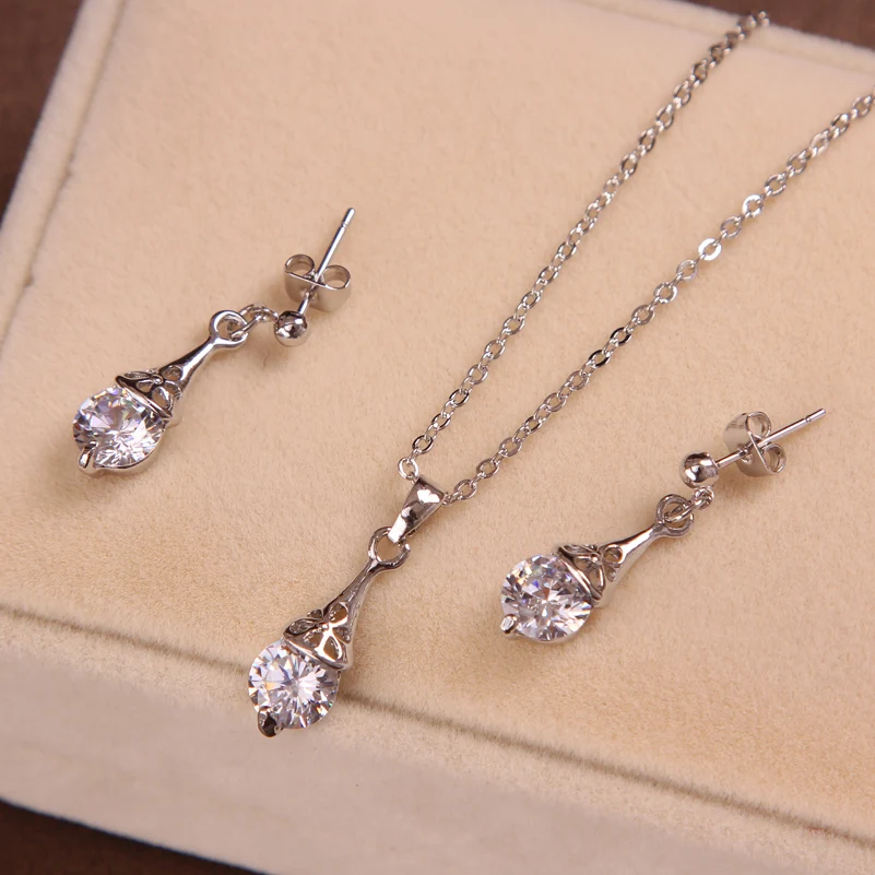 High Quality 2pcs/Lot Necklace Earring Jewelry Set silver Color Round