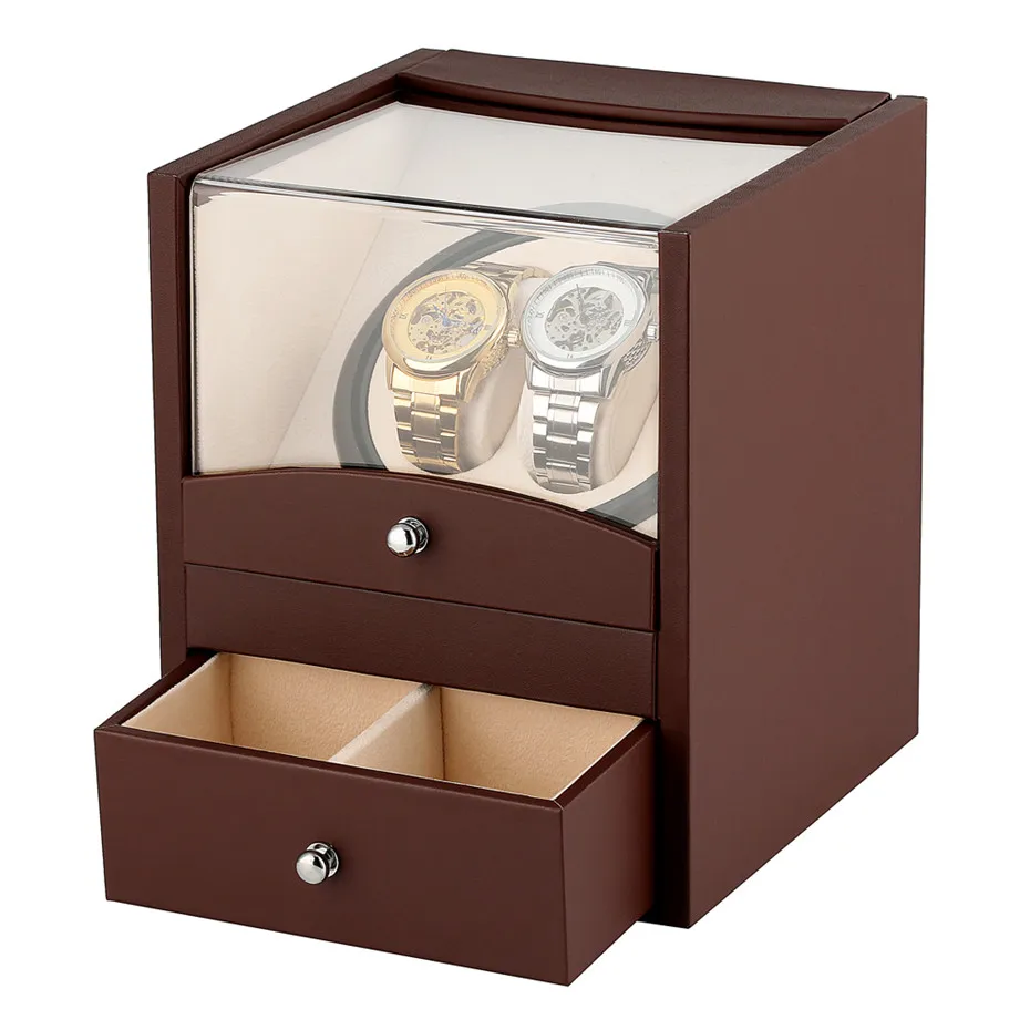 

2+2 Automatic Watch Winding Box Luxury Brown Motor Case Double Shaker Holder Storage Case Winder New Arrival 2019 with Plug