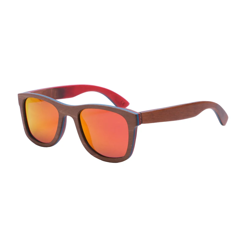 BerWer очки для скейтбординга в деревянной оправе коричневая оправа с покрытием зеркальные бамбуковые солнцезащитные очки UV 400 защитные линзы - Цвет линз: red lens