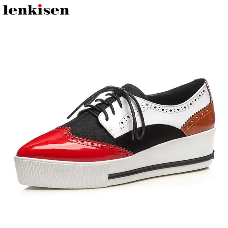 

Lenkisen british school lace up mixed colors cow leather pointed toe thick bottom platform shopping women vulcanized shoes L33
