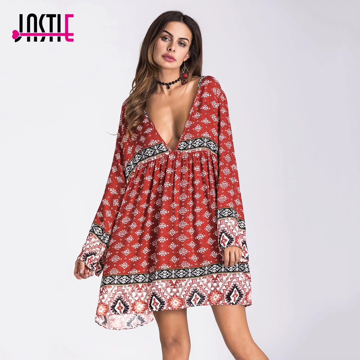 

Jastie Oversized Loose Women Dress 2018 Spring Autumn Bohemia Print Mini Dresses V-Neck Long Sleeve Short Dress vestido de mujer