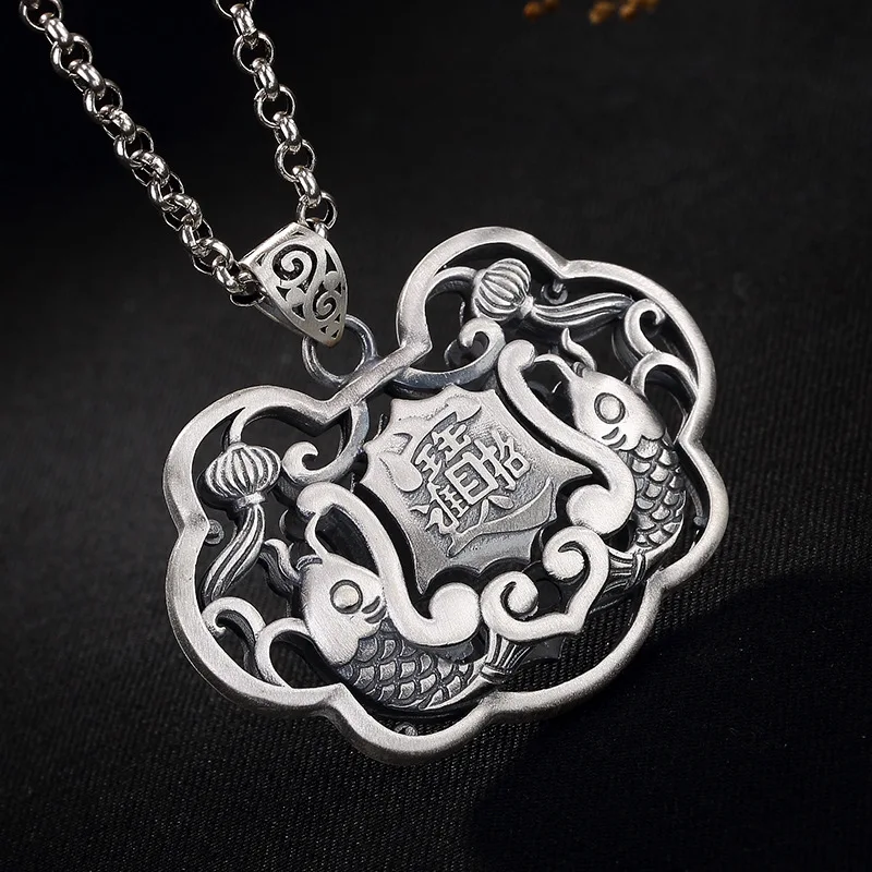 

990 Sterling Silver Thai Silver Antique Fish Pendant Locket For Ladies Hollow Pisces Lucky Fortune Jewelry