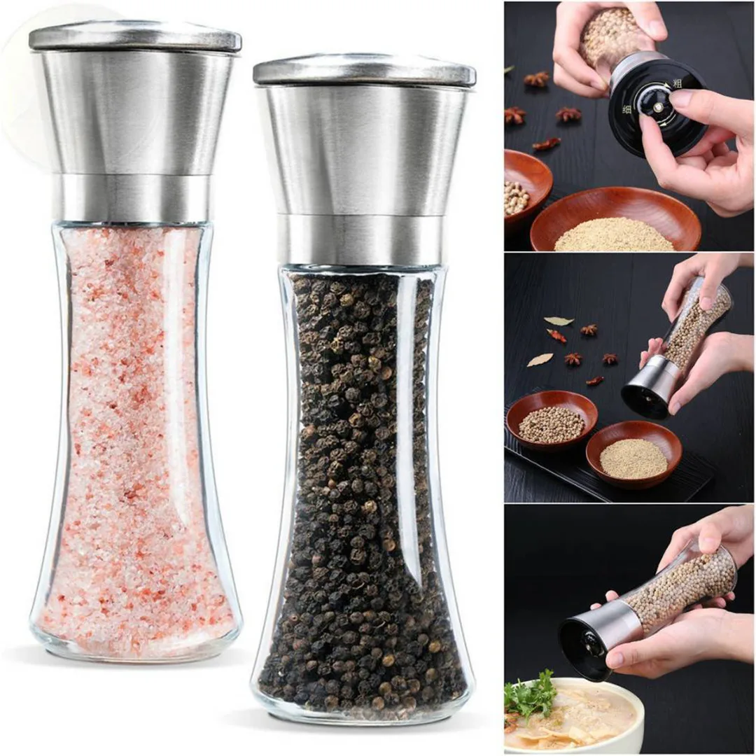 Salt And Pepper Grinder Set Salt Mill Pepper Mill Spice 304 Stainless Steel Lid Slim Glass Bottle Adjustable Ceramic Rotor