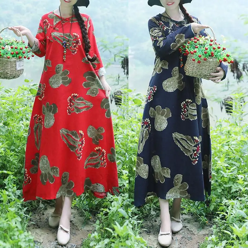 

KANCOOLD Dress Women Plus Size Printing Long Sleeves Dress fashion Cotton And Linen Loose Long Dress women 2018AUG13