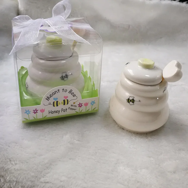 

SG 100pcs/lot Meant to Bee Ceramic Honey Pot with Wooden Dipper for Wedding return gifts and party favours