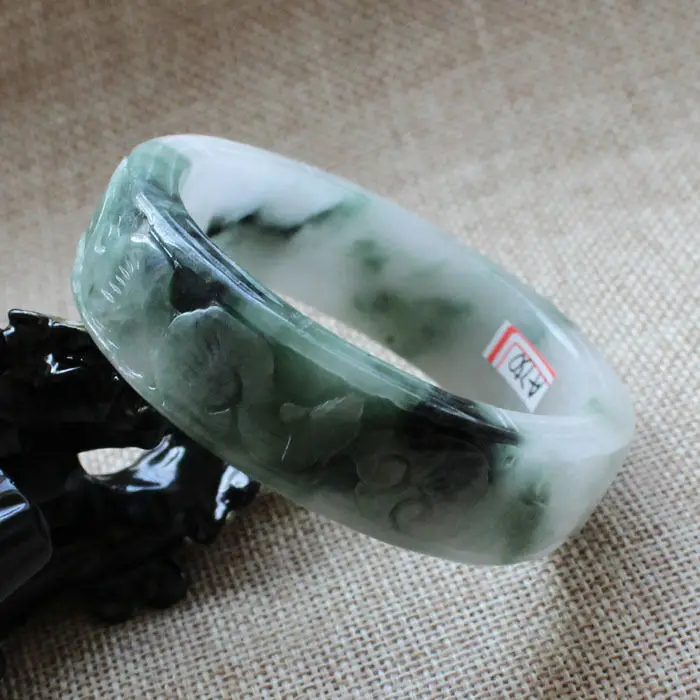 

A750 Chinese Hand-carved Emerald Green stoneite stone Gems Bracelet Bangle 58mm