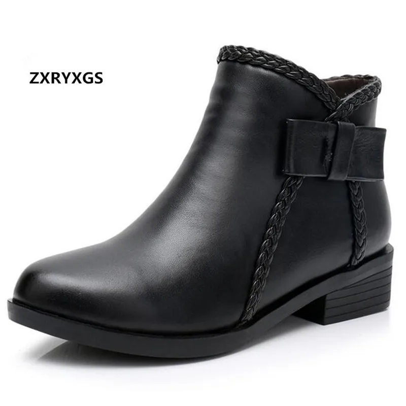 

2018 New Autumn Winter Cow Leather Boots Bow Round Head Low-heeled Women Boots Ankle Boots Black Single Shoes Tide Martin Boots