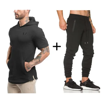 

2019 Mens Gyms Sportswear Suit Tight Workout Elasticity Casual Short Sleeve Hoodies+Pants Cotton Trainings Fitness SportSuit