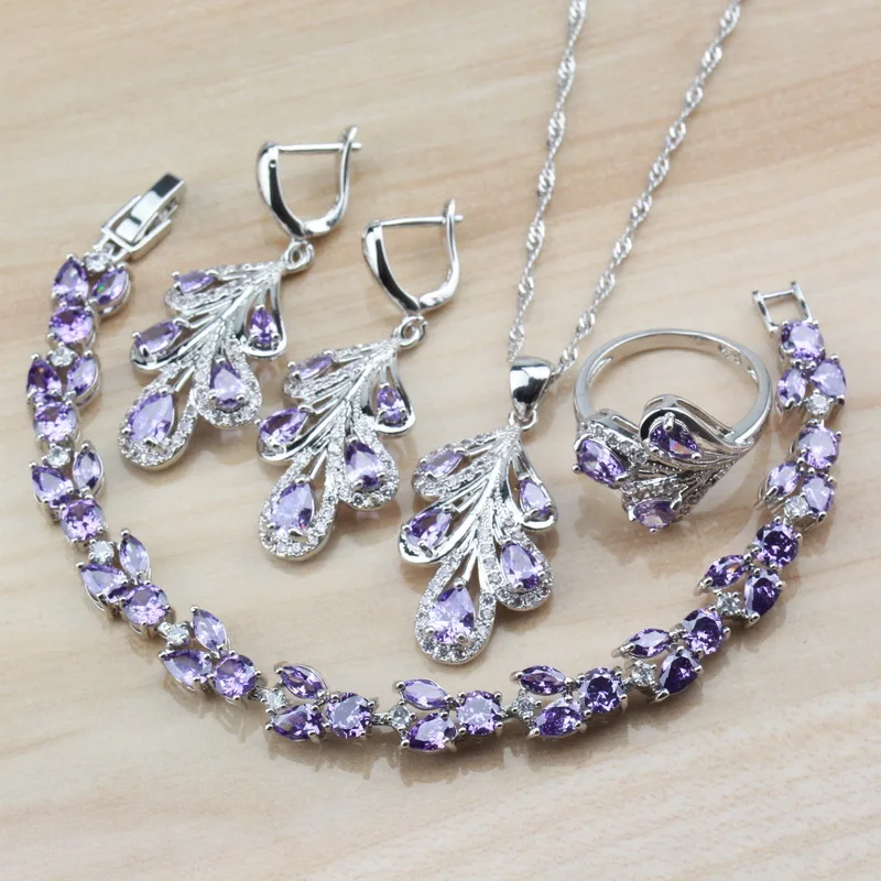 

2019 New Produce Natural Purple Crystal 925 Silver Wedding Jewelry Sets For Women Costume And Independent Gift Box