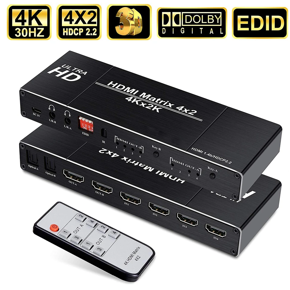 4K HDMI матричный 4x2 Переключатель сплиттер Поддержка HDCP 2,2 ИК пульт дистанционного управления HDMI коммутатор 4x2 Spdif 4K 30Hz HDMI 4x2 матричный переключатель