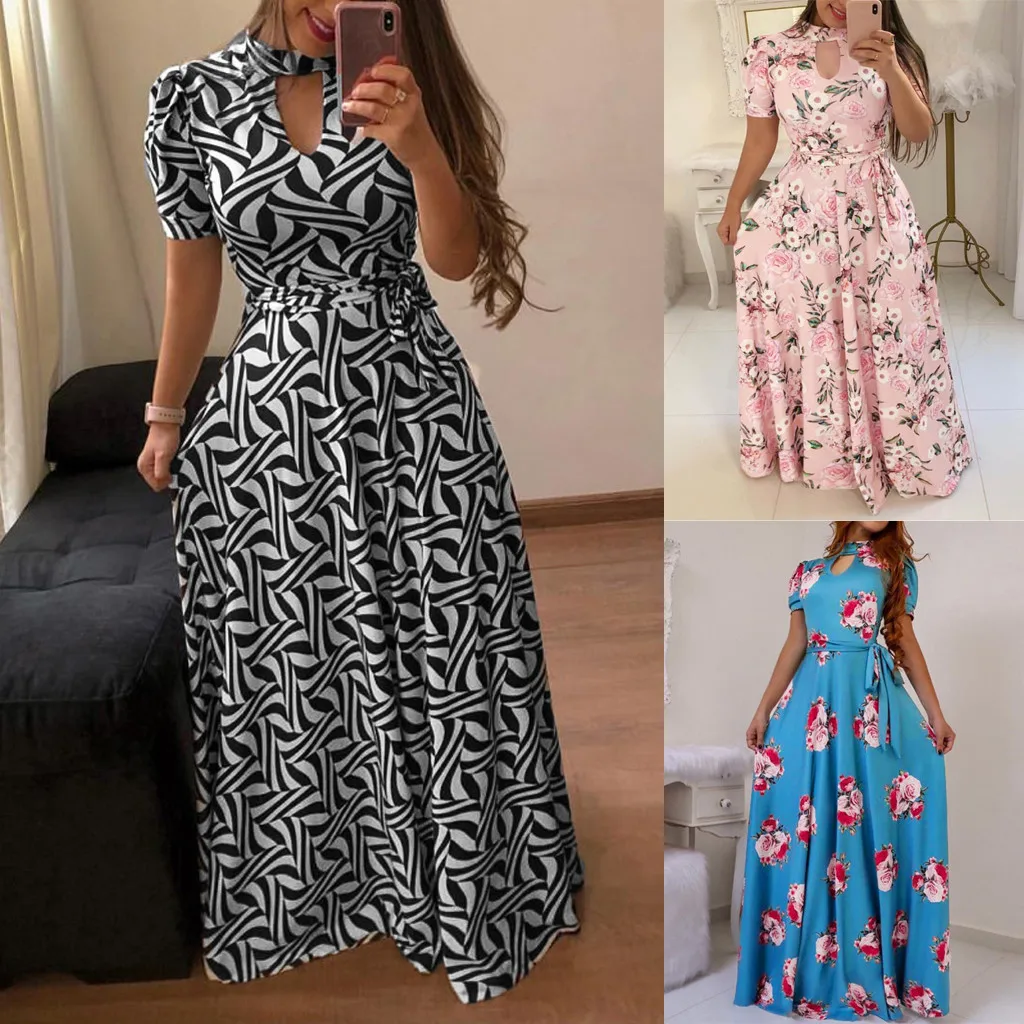 Длинное платье; Новое поступление года; летняя одежда с короткими рукавами; сарафан с цветочным принтом; повседневное свободное платье; Falda de dama de la moda