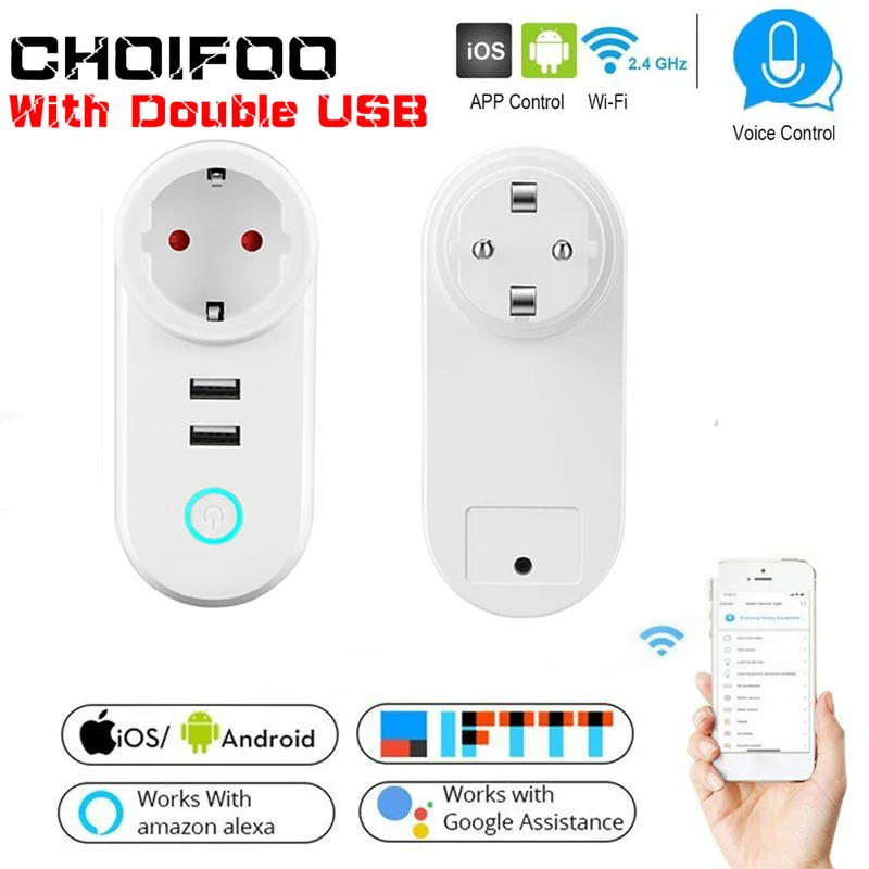 

Smart WiFi Power EU Plug Outlet Socket with USB Remote Control App Control Timer Function Work with Alexa Google Home assistant