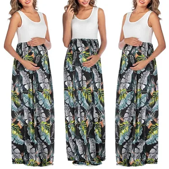 

Maternity Dresses Women Ladies Floral Print O-Neck Sleeveless Long Dress Pregnancy Dress Photography Premama Summer Clothing