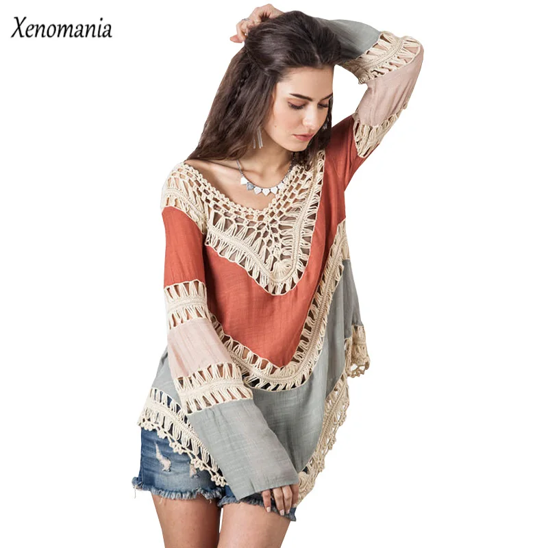  Hippie Blouse Kimono Boho Crochet Women Blouses 2017 Blusa Feminina Long Sleeve Shirt Blusas Vintag