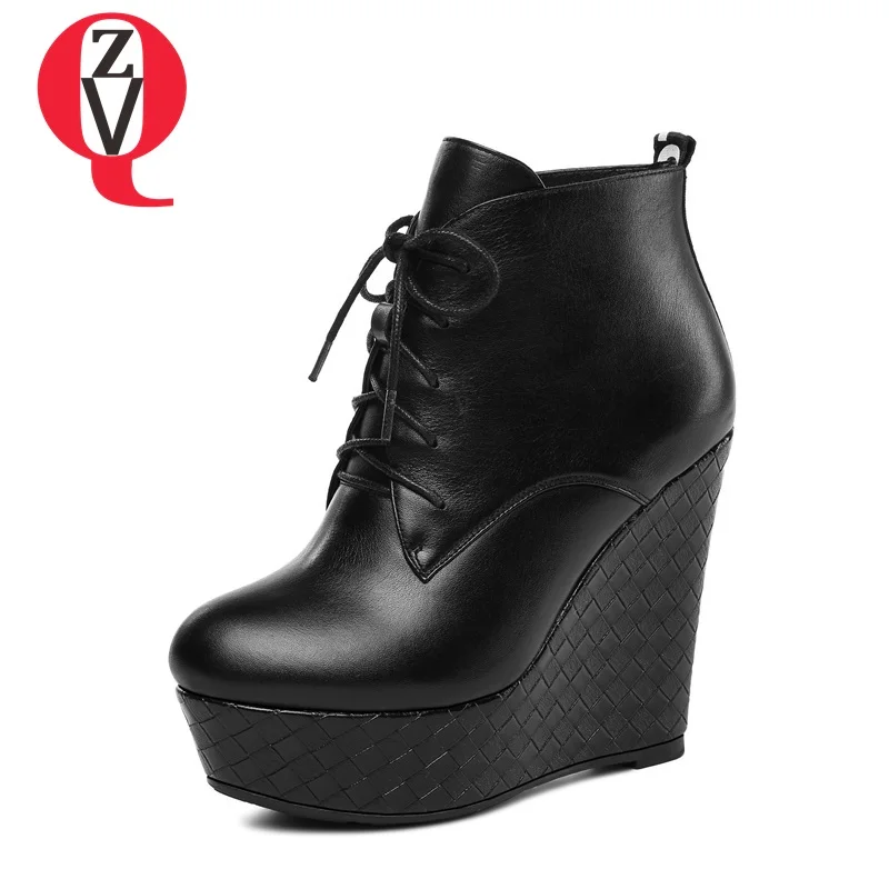 

ZVQ women shoes new popular genuine leather round toe ankle boots ladies lace-up wedges platform shoes lady sexy dress booties