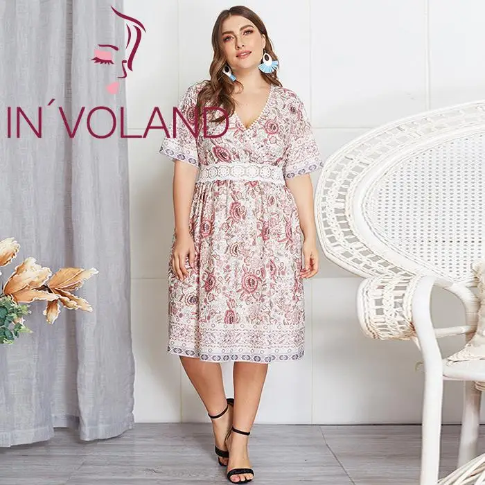

IN'VOLAND 2019 Plus Size Summer Dress Women Casual V-Neck Short Sleeve Print Knee Length Boho Style Dresses Vestidos XL-4XL