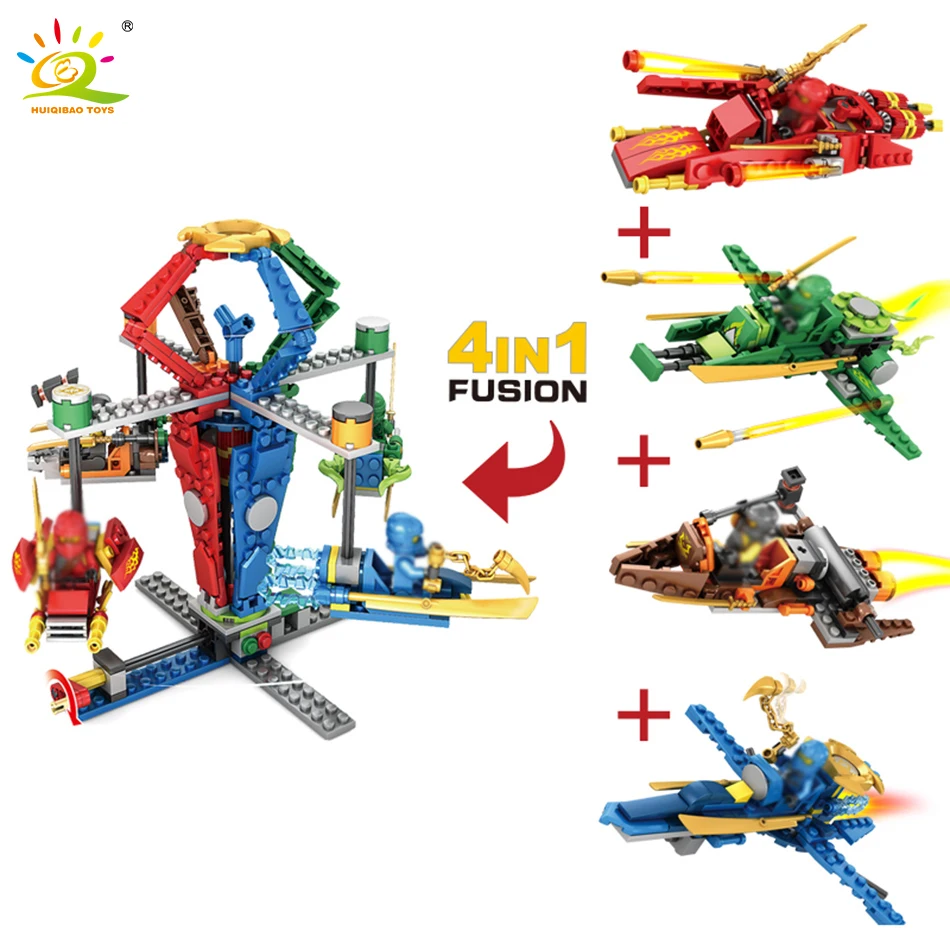 

4 in 1 Ninjagoes Chariot Time Merry Go Round Model Building Blocks Compatible Legoed Ninja Dirigible Figures Toys For Children