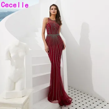 

2019 New Burgundy Mermaid Long Sequins Evening Dresses Sleeveless Women Luxury Elegant Evening Party Gowns Robe De Soiree