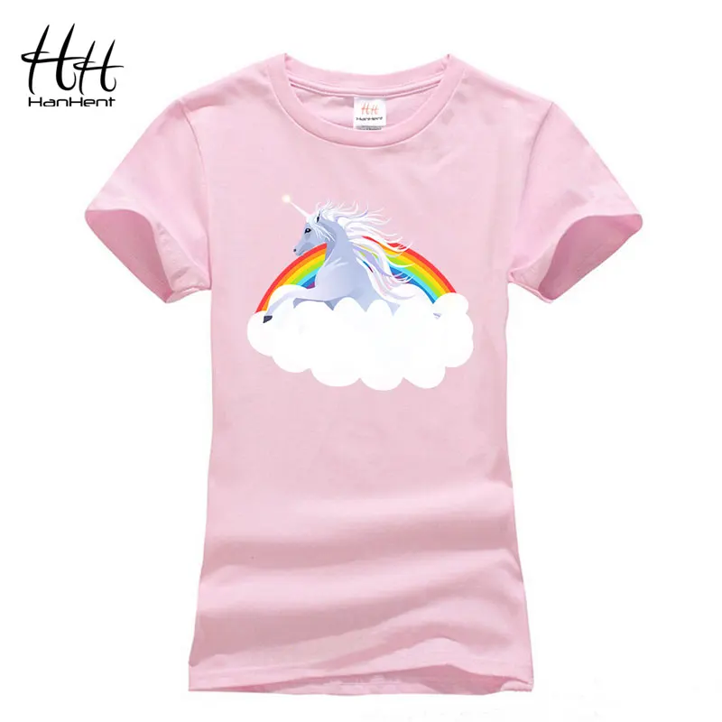 HanHent 100% القطن يونيكورن T قميص المرأة كم قصير نحيف المحملة الشارع الشهير مضحك المرأة تي شيرت عارضة قميص الفتيات