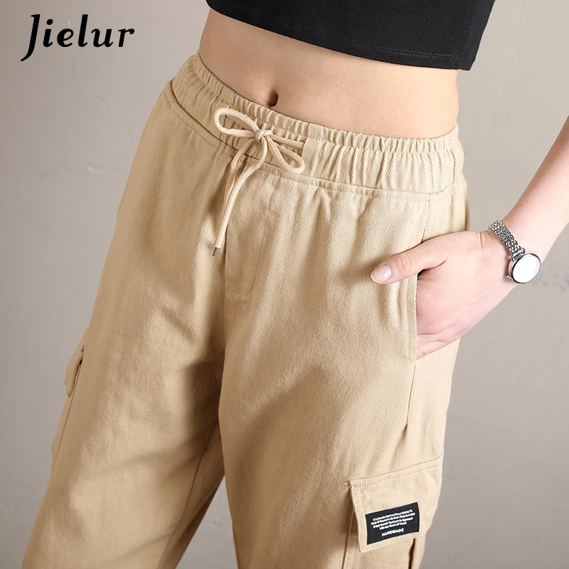 Jielur BF харадзюку женские брюки карго Модные Карманы хаки Pantalon с завышенной талией