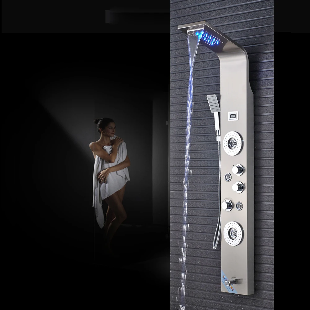 

Bathroom ShowerLED Head Sprayer Nickel Brushed Waterfall Shower Panel Brushed Faucet Shower Panel Column ABS Hand Sprayer