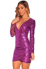 Adogirl Sexy Deep V Neck Silver Purple Ruched Sequin Long Sleeve Nightclub Elegant Dress Fashion Slim Party Vestido De Festa