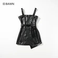 EI BAWN осеннее Новое милое платье без рукавов с поясом из натуральной кожи с высокой талией модное мини сексуальное черное платье