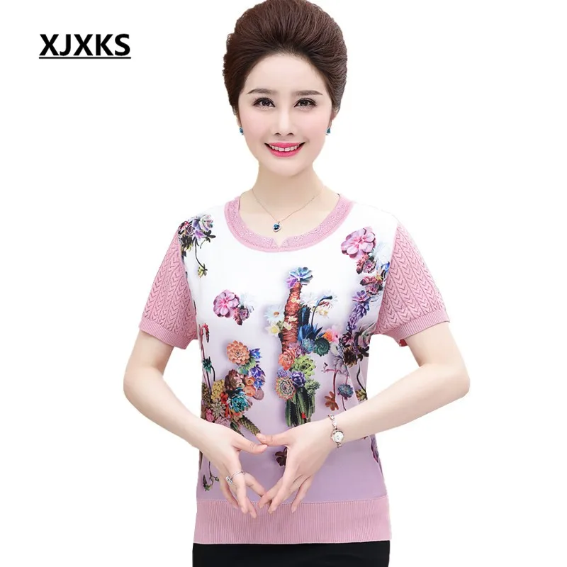 

XJXKS beautiful flowers print women silk t-shirts high-end fashionable summer short sleeved stretch women's tops