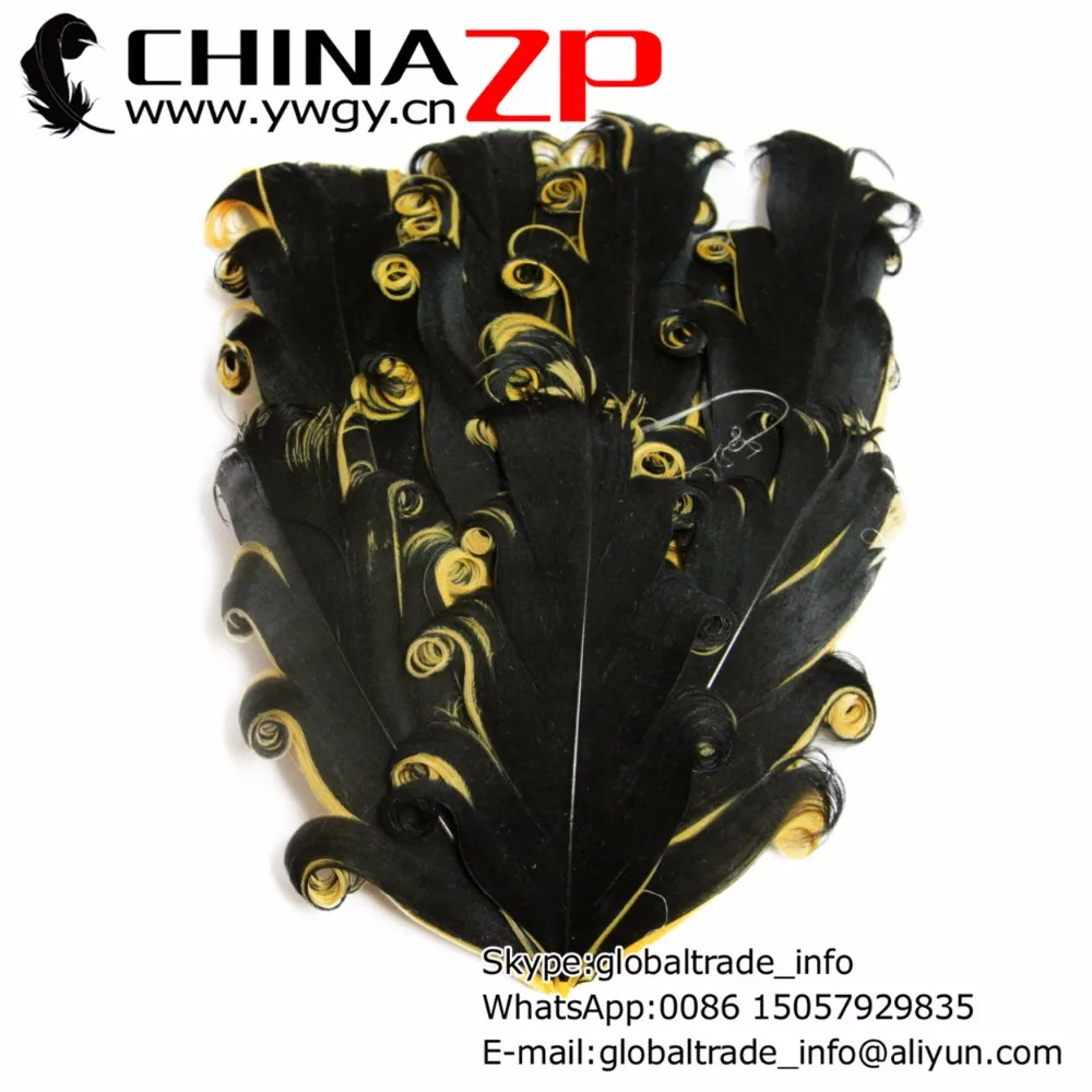 

CHINAZP Factory Exporting 50pcs/lot Pretty Dyed Black with Gold Curled Nagorie Goose Feather Pad