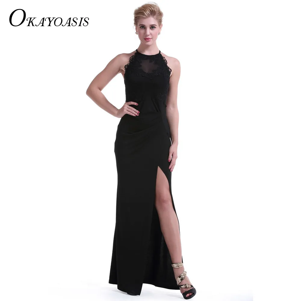 OKAYOASIS High Slit Halter Neckline Elegant Party Embroidery Dresses