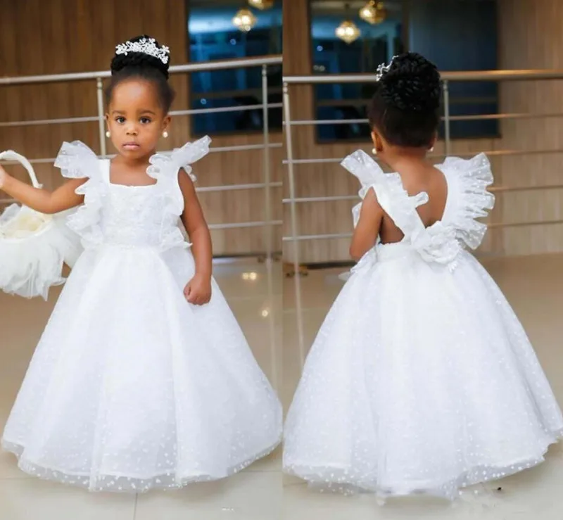 Чисто белое кружевное фатиновое платье с цветочным узором для девочек для свадьбы первого причастия платья для маленьких девочек без