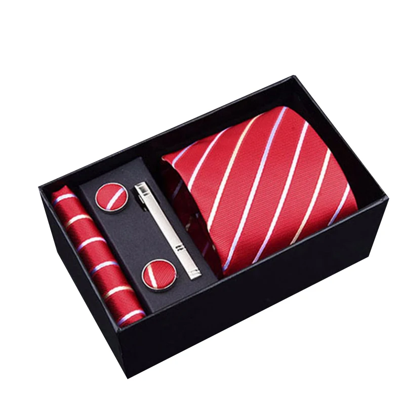 2019 Man red Tie Silk Jacquard Necktie Gravata Handkerchief Cufflinks&clips Wedding Tie Set for Men