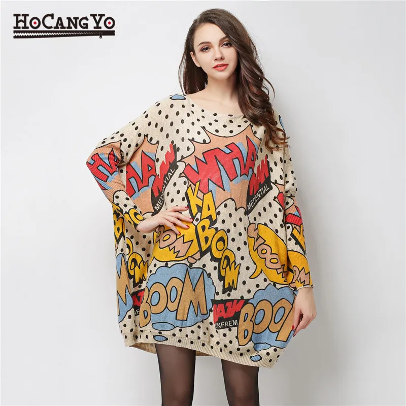 HCYO Oversized Fashion Women Long Sweaters Shirt Slash Neck Batwing Sleeve Print Pullovers Clothing Female Loose Casual Sweater | Женская
