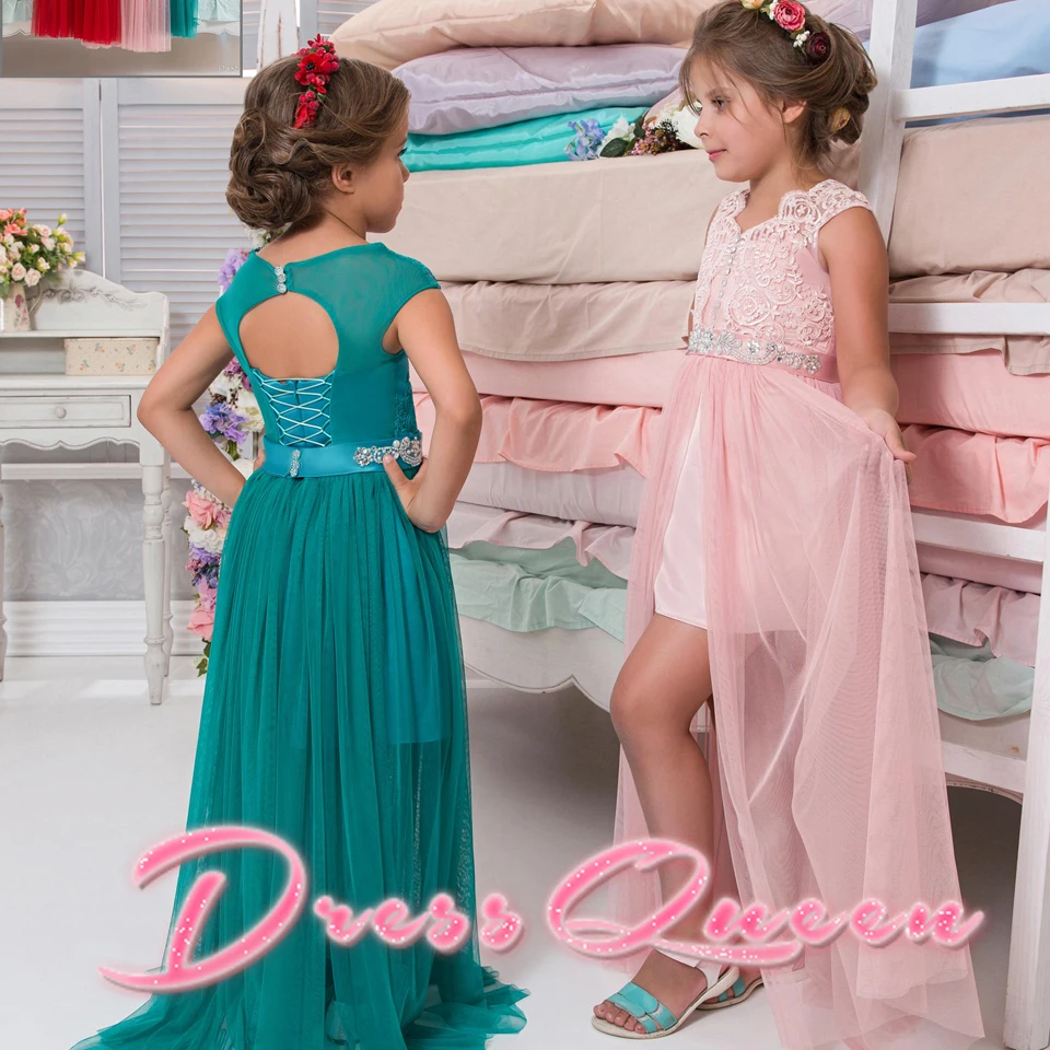 

2017 New Summer Flower Girl Dresses Chiffon V-neck Beading Belt Lace Up Sleeveless A-line Communion Gowns Junior Vestidos Longo